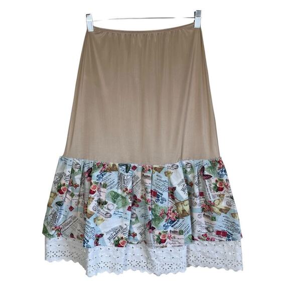 Under Moments Midi Length Skirt Slip Layered Novelty Print Eyelet Hem Boho Retro - Picture 4 of 15